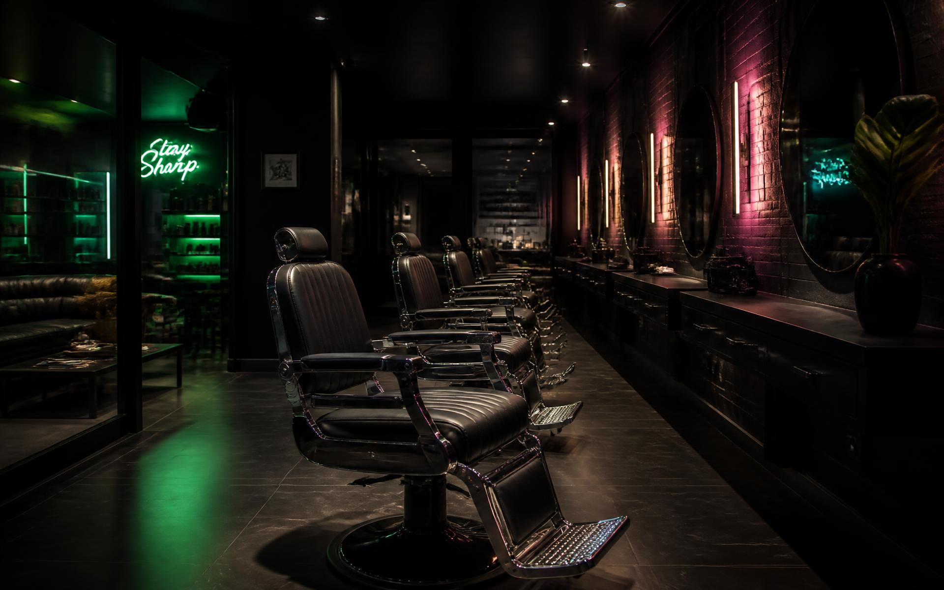Barbearia profissional equipada com cadeiras de barbeiro em ambiente sofisticado